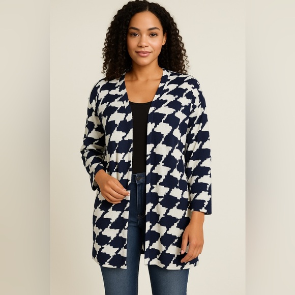Misook Womens Cardigsn L Knit Lightweight Blue White Houndstooth Elegant - Picture 1 of 6